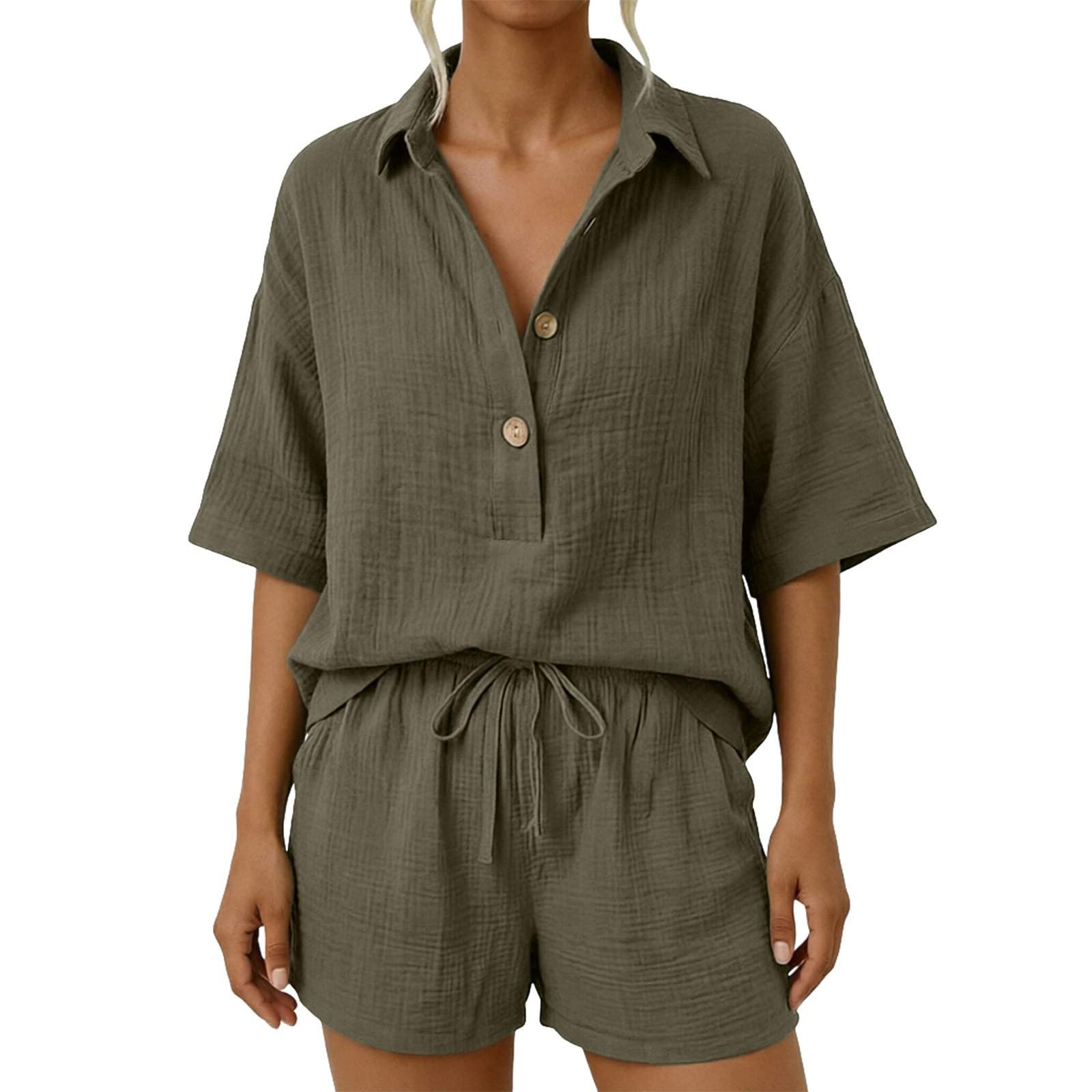 Générique Ensemble Femme 2 PièCes Coton Et Lin Chic Et éLéGant Manches Courtes Chemise + Short avec Poche Ample Et Respirant Tenues