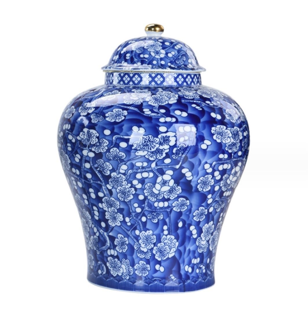 青と白の花鳥模様の陶器壺 青と白の花鳥模様の