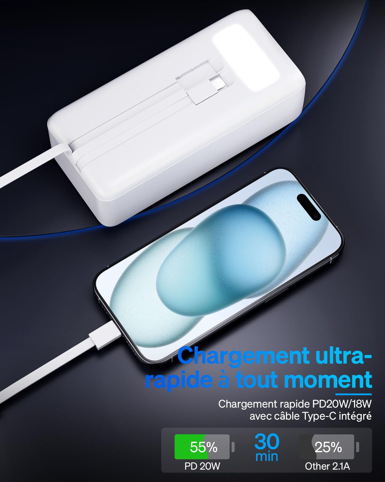 Batería externa de 20000 mAh con cable incorporado: 22,5 W Power Bank de carga rápida para teléfono móvil, batería USB C (Input & Output)