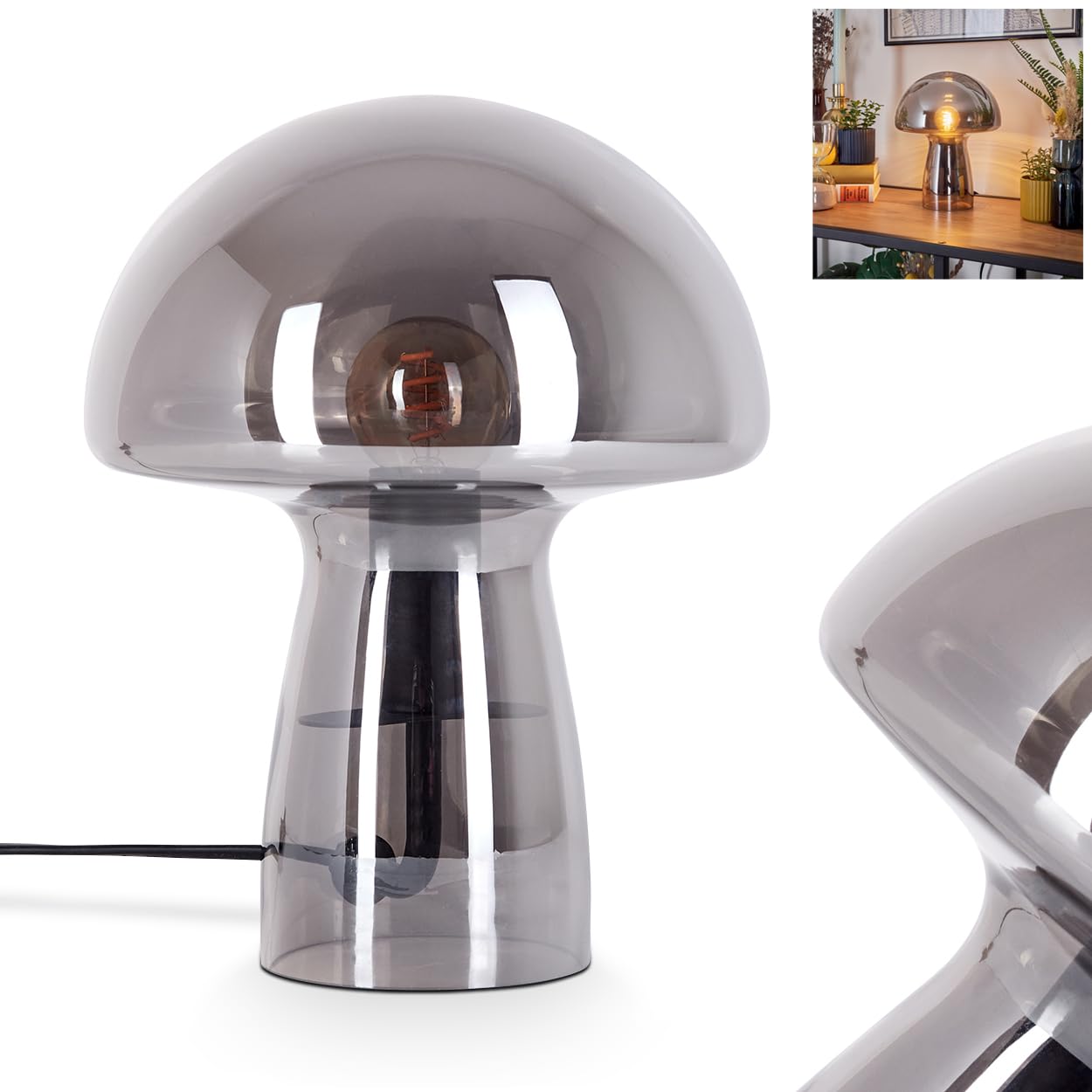 Lampe de table Almagre, en métal/verre noir/chrome/fumée, lampe au design moderne vintage/rétro avec abat-jour en verre (Ø 18 cm) et interrupteur marche/arrêt sur le câble, 1 x E14, sans ampoule