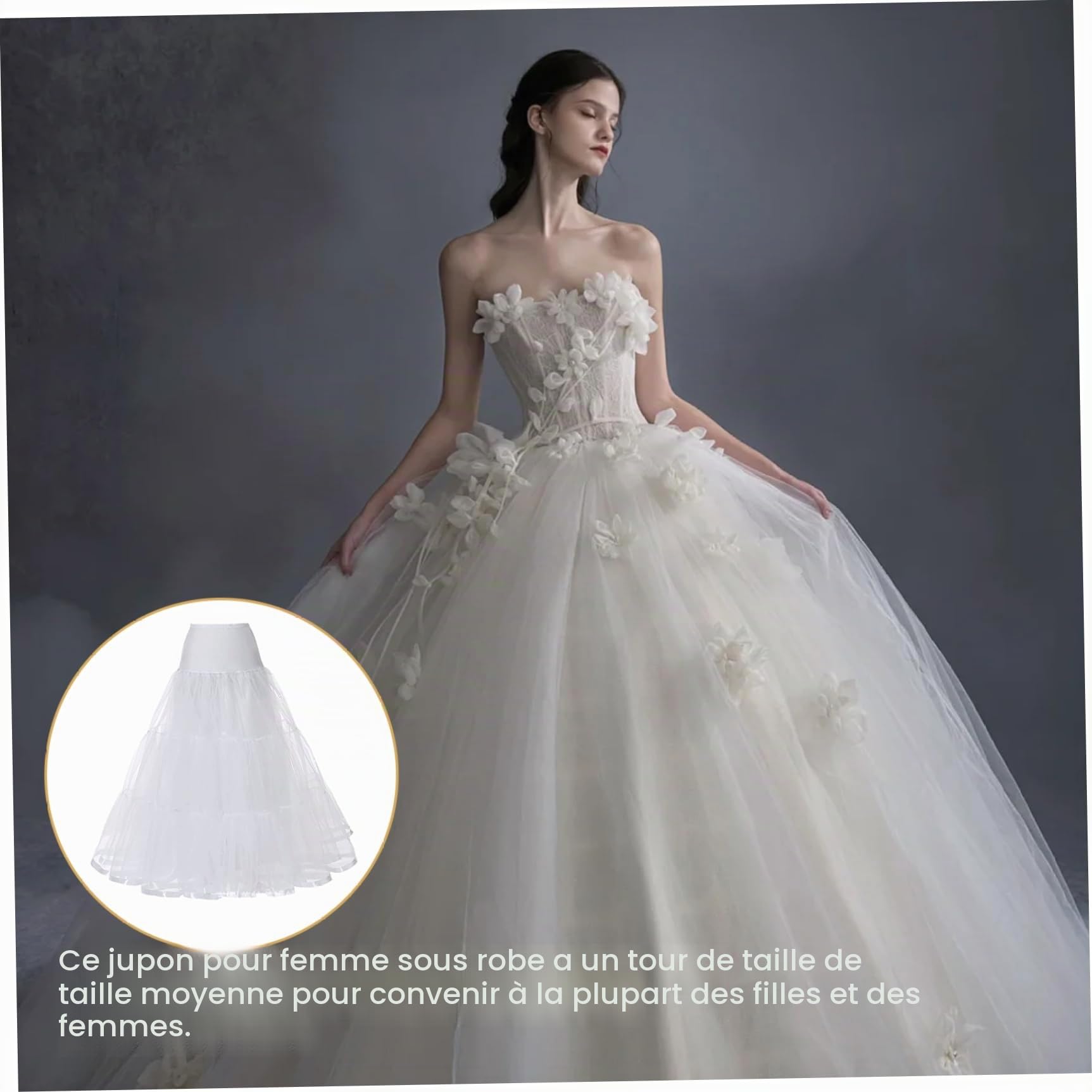 Jupon blanc en tulle longueur cheville jupon en crinoline respirant pour robe de soirée ou de mariage taille L