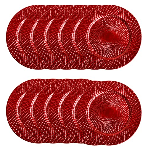 Frcctre 12 Pack Red Charger Plates, 13 Inch Decorative Diamond Pattern Round Plastic Charger Dinner Plates, Reusable Elegant Serving Plates For Wedding, Dinner Party, Event Table Decoration #TOP3