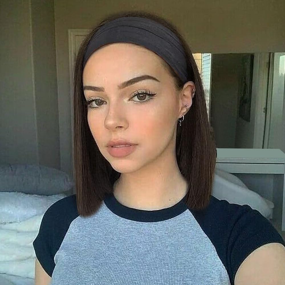 Headband Wigs for White Women 12 Inch Headband Wig Short Bob Wigs for Women Shoulder Length 180% Density Glueless Synthetic wig for Girls Daily Use Cosplay Wigs(Dark Brown/Black Headband)