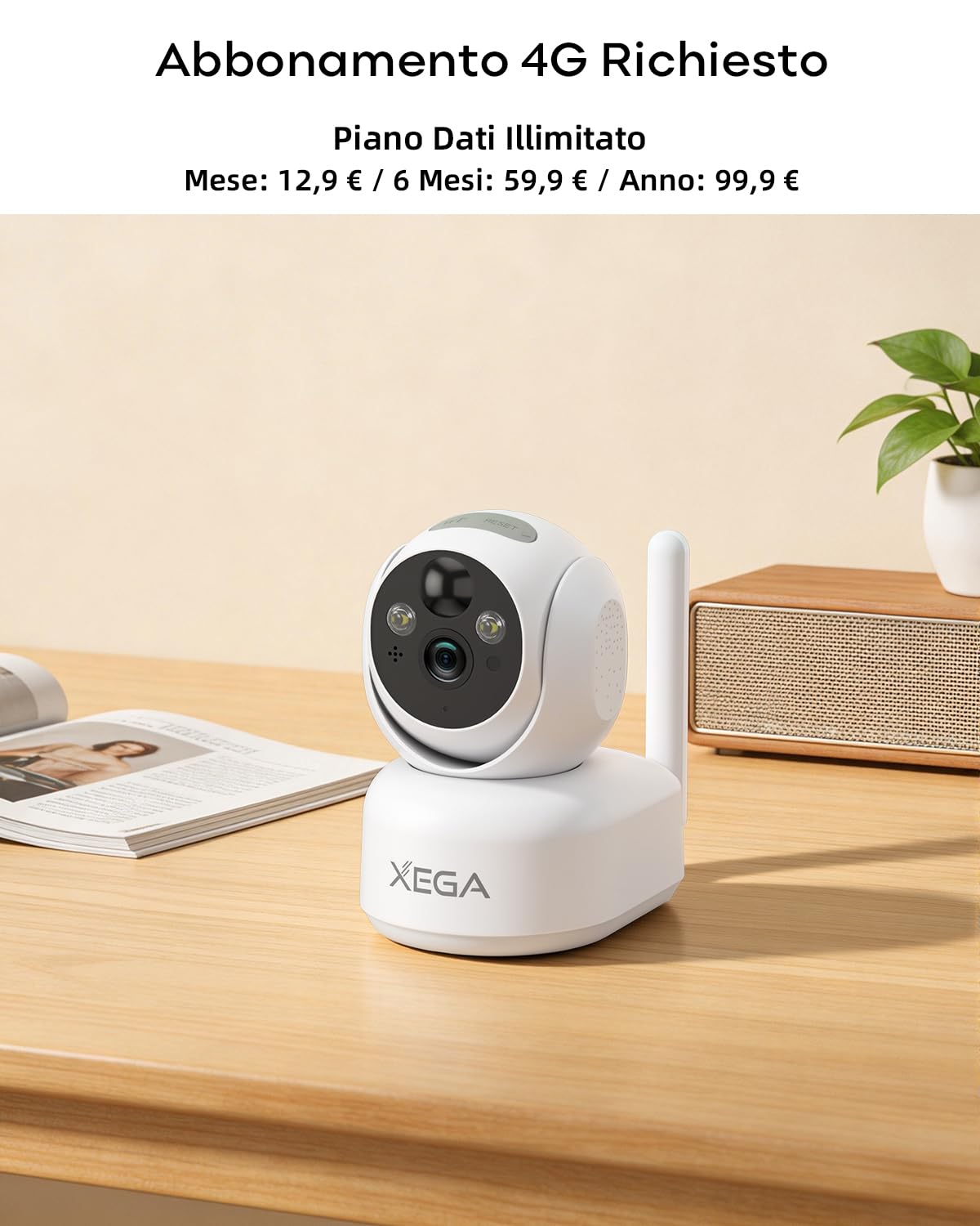 Xega 4G LTE Telecamera Interno con Sim/ 7800mAh Batteria senza Fili, 360° PTZ Telecamera Senza WiFi, 2K Videocamera Sorveglianza Interno con Visione Notturna a Colori, PIR Rilevamento, IP65