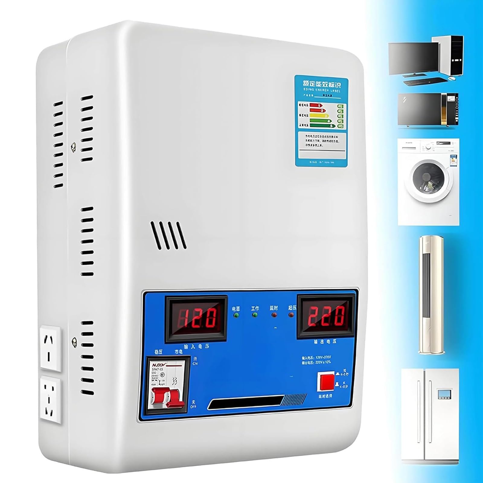Automatyczny stabilizator napięcia 220 V - 15000 W / 20000 W / 30000 W, podwójny wyświetlacz cyfrowy, wejście 120-270 V, 2 gniazda, ochrona przed przepięciem/podnapięciem, do urządzeń gospodarstwa
