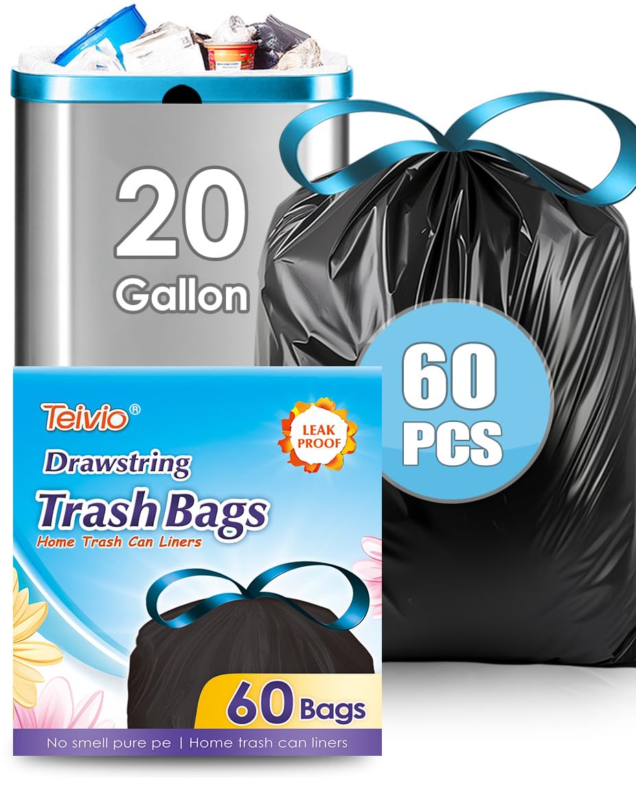 Teivio Bolsas de basura grandes con cordón de 20 galones, 60 unidades (para 18-20 galones), bolsas de basura grandes con cordón, bolsas de basura fuertes y altas para cocina, para el hogar, oficina