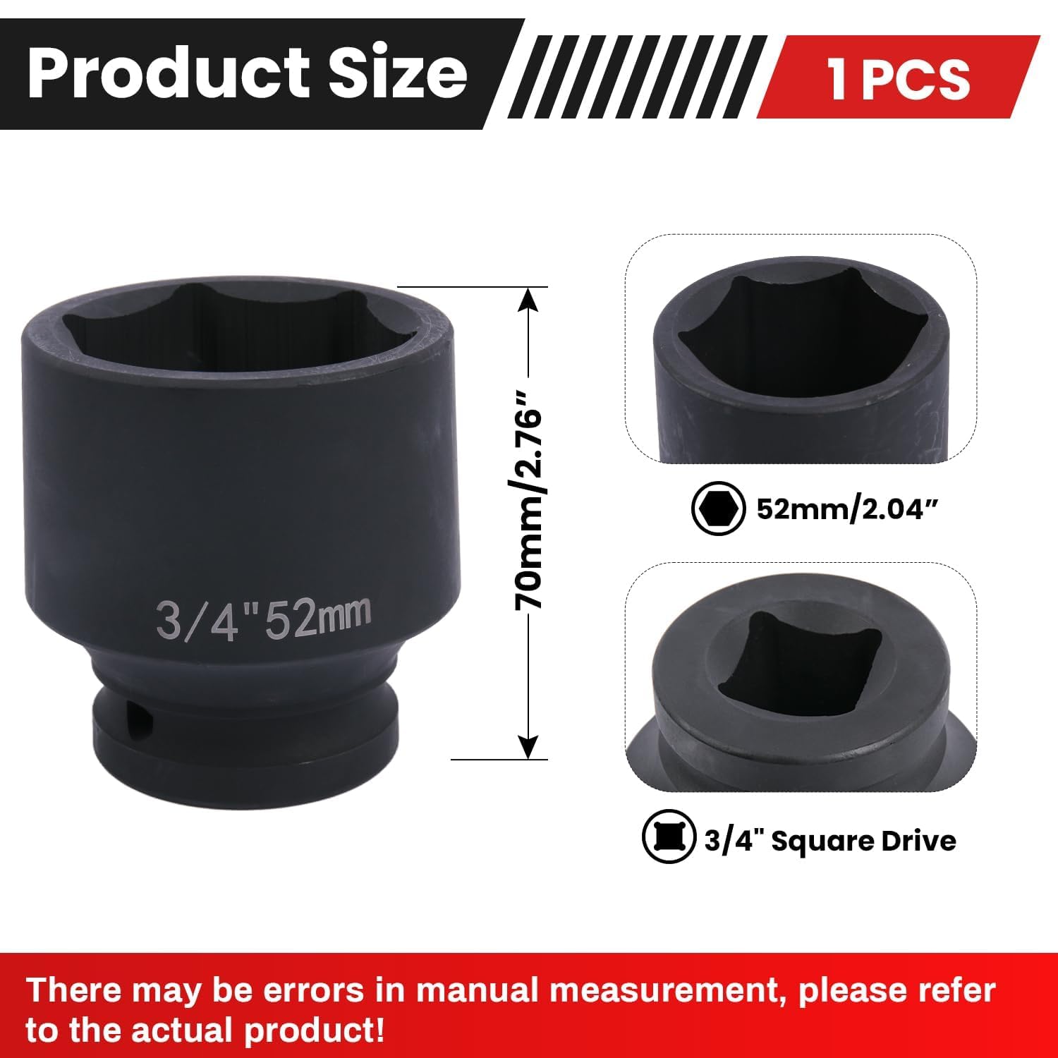 Deep 6-Point Impact Socket 3/4" Drive 52mm,Chrome Molybdenum Steel, Anti-Rust Metric Hex Socket for Car Repairs and Impact Wrench - Image 2