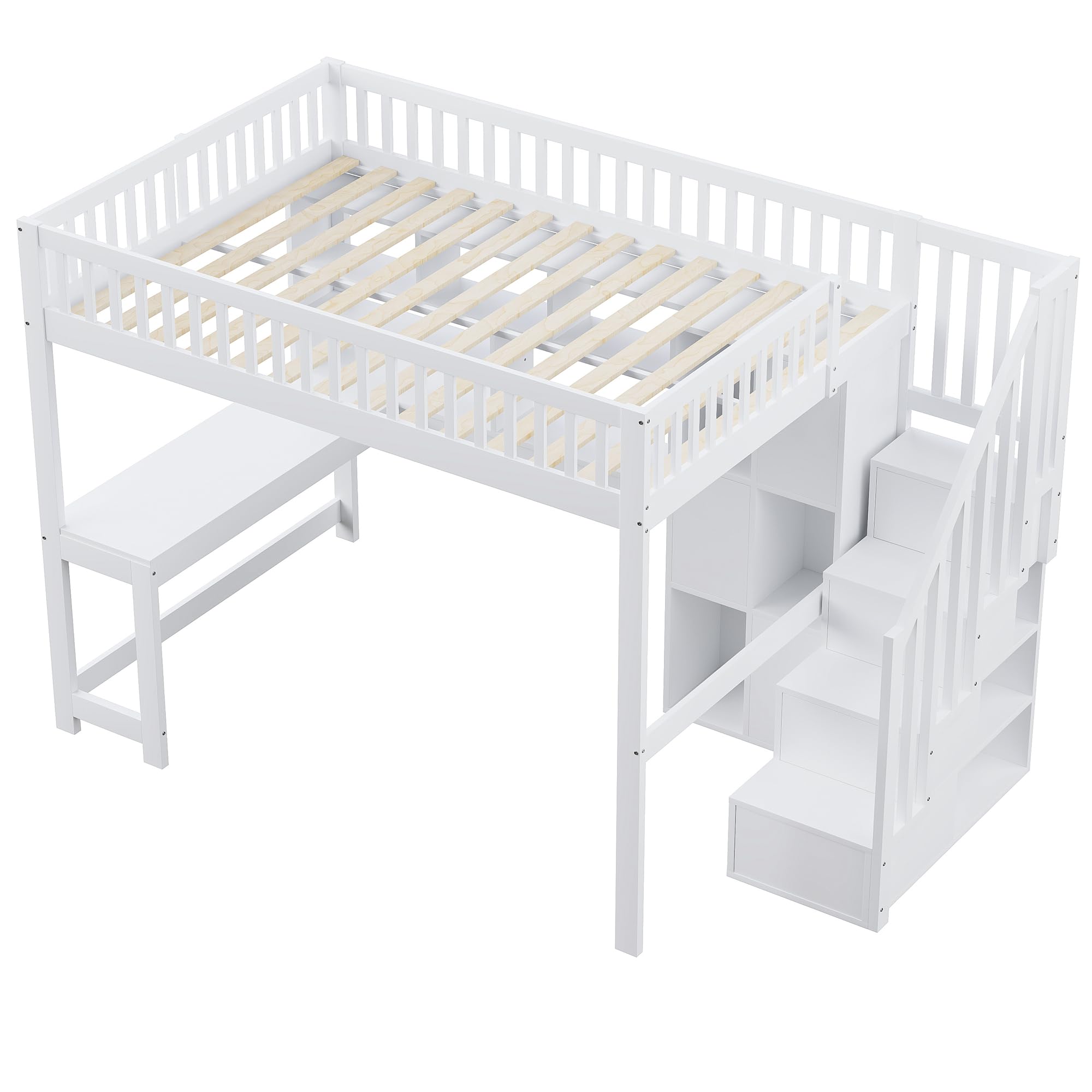 Moimhear Letto a soppalco, 140 x 200 cm, con luci a LED, scaletta ripiani, ripiani, scrivania, in legno di pino+MDF + Plywood, adatto per bambini e ragazzi (bianco)