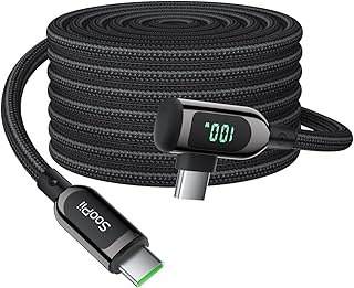 SooPii 100W Right Angle USB C to USB C Cable,10FT Zinc Alloy Braided Type-C Cable with LED Display for lphone 15, lPad Air/Pro,MacBook Pro,Samsung S23/S22/S10,Pixel,LG(3m,Black)