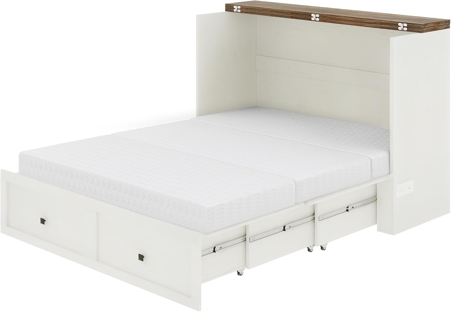 Queen Murphy Bed with 6" Tri-Fold Memory Foam Mattress, Storage Drawer & Charging Station, Space-Saving Design for Home Office or Guest Room, White