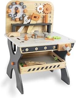 WoodenEdu Wooden Tool Workbench for Kids,Pretend Play Tool Bench Workshop with Wrench, Screwdriver, Miter Saw and Hammer,Educational Gift for Age 3 and Up (Clock Bench)