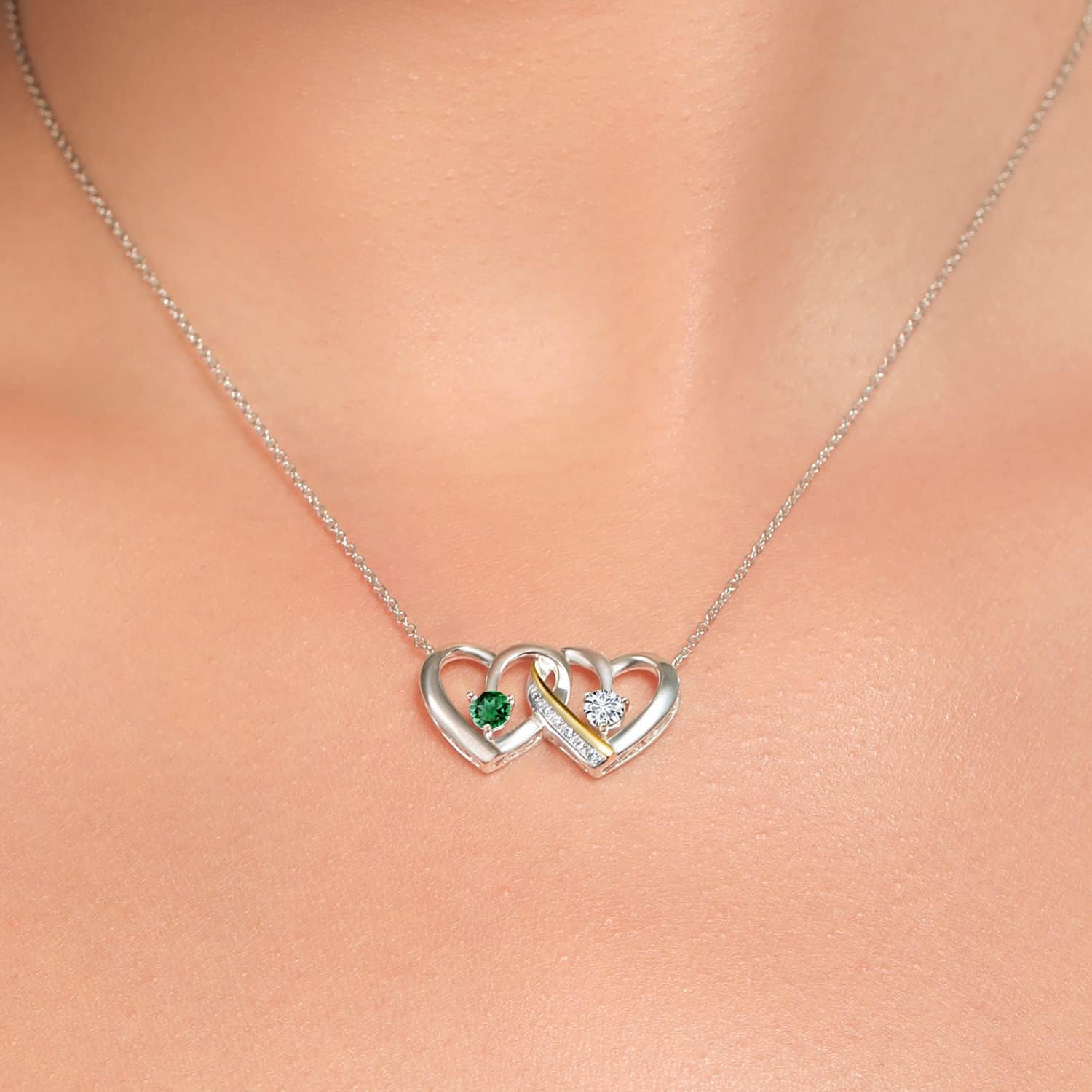 Gem Stone King 925 Silver and 10K Yellow Gold Green Nano Emerald and White Lab Grown Diamond Interlocking Heart Pendant Necklace For Women (0.60 Cttw, Round 4MM, Gemstone May Birthstone, with 18 Inch