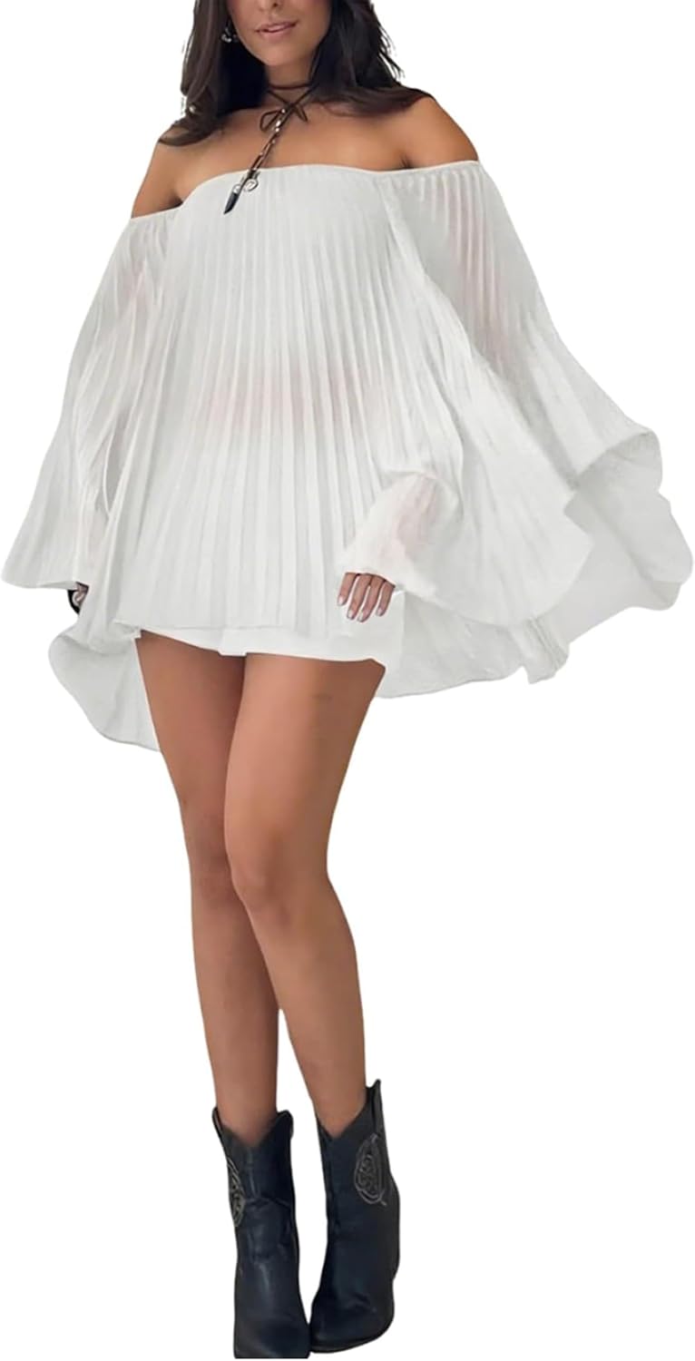 Ophestin Women's 2 Piece Pleated Outfits Off Shoulder Oversized 3/4 Cape Sleeve Shirt Shorts Set for Beach Vacation