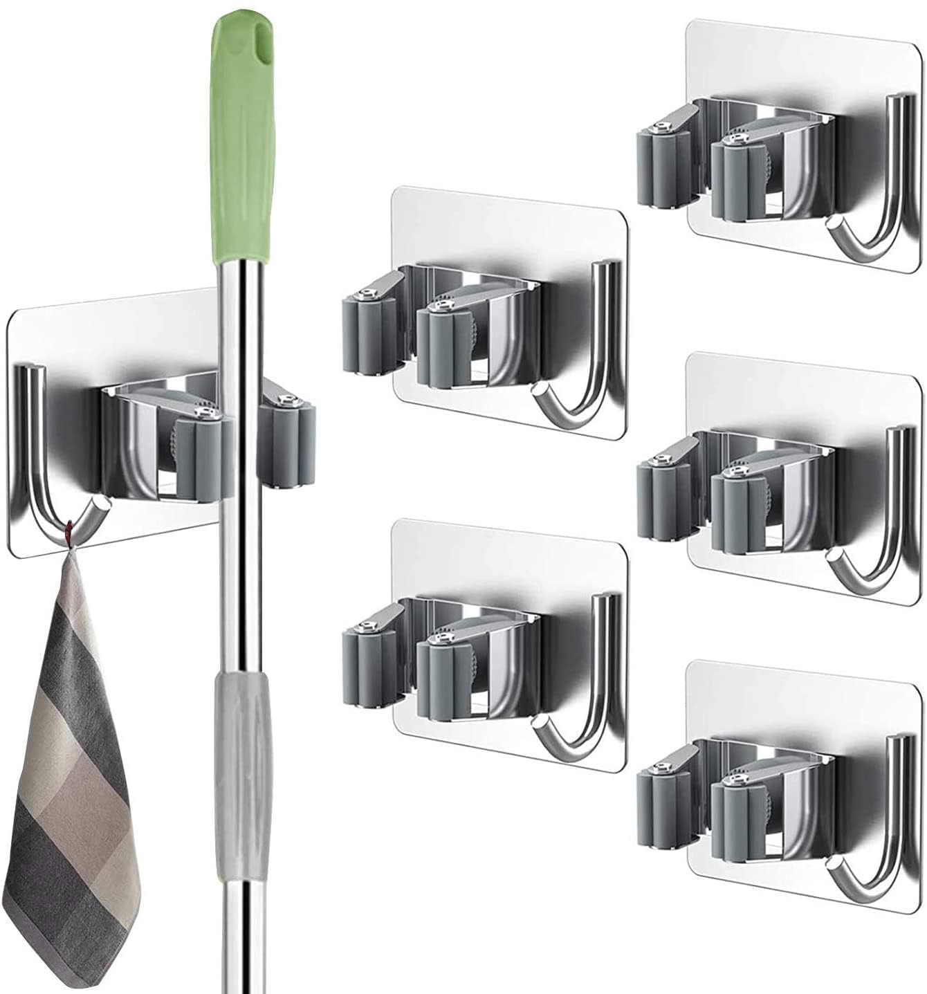 JIALTO 5 Pcs Stainless Steel Broom Holder with Hook - Wall-Mounted Adhesive Storage for Broom Holders, Mops, and More