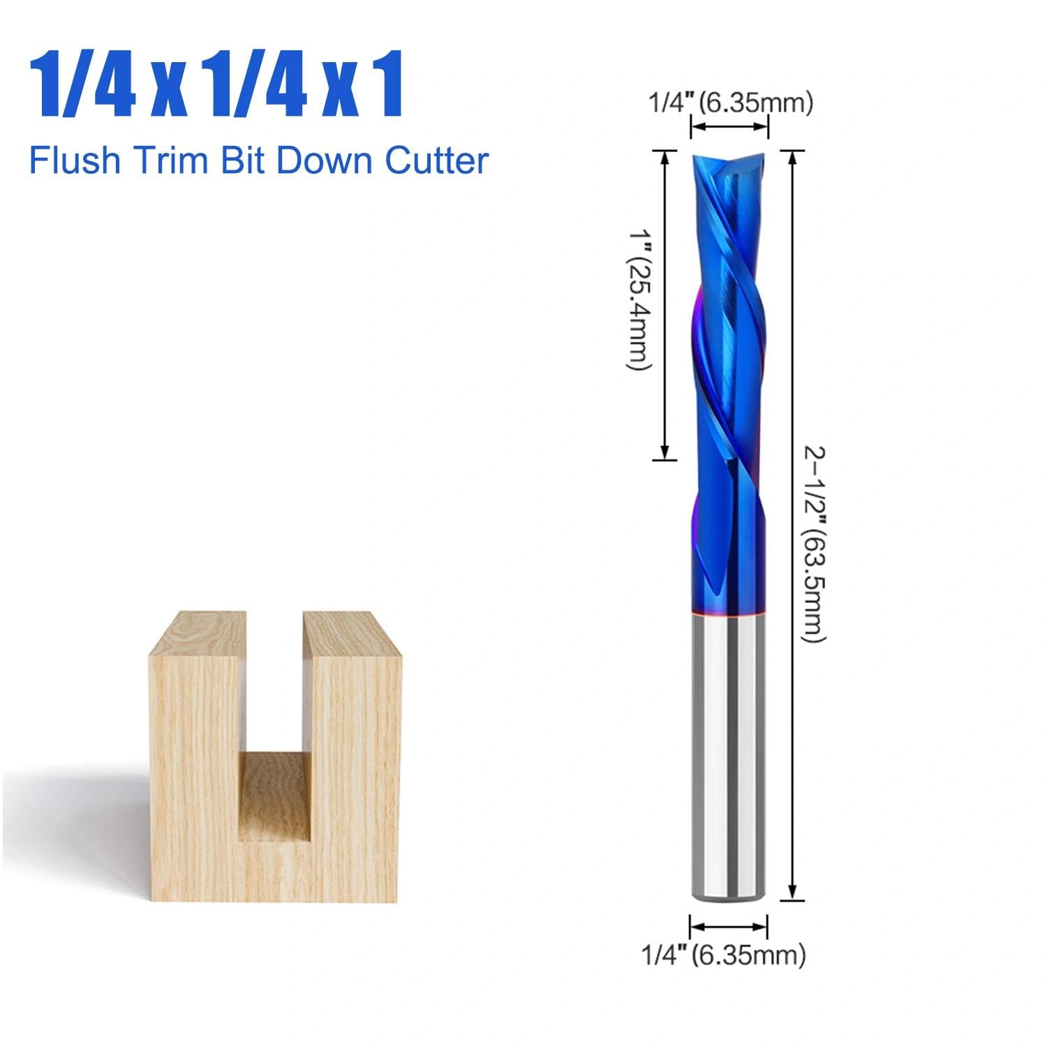 Router Bits 1/4" Shank, Downcut Spiral Router Bits, 1/4 inch Cutting Diameter Solid Carbide with Nano Blue Coating CNC End Mill for Wood Cut, Carving, Edge Trimming ( 1/4"*1/4"*1" Downcut )