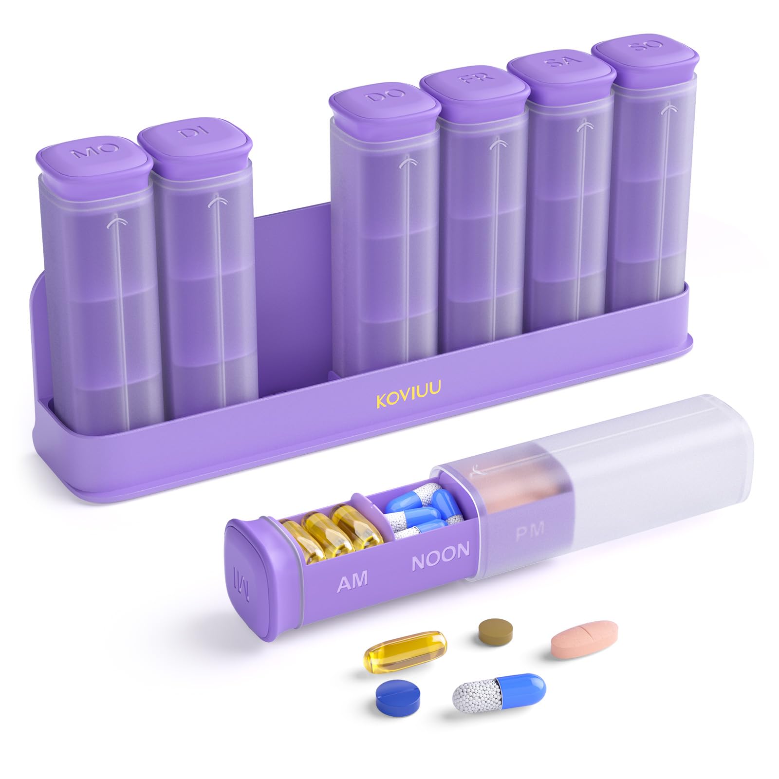 KOVIUU Tablettenbox 7 Tage Morgens Mittags Abends, BPA Frei Pillendose Große für Unterwegs, Reise Medikamentenbox 7 Tage 3 Fächer Luftdicht, Pillenbox Abnehmbar für Medikamente Vitamine, Lila