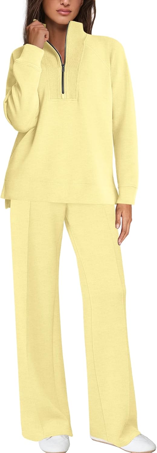 Yanekop Womens 2 Piece Tracksuit Half Zip Sweatsuits Long Sleeve Spring Matching Set Sweatshirt and Wide Leg Pants 2026(Butter Yellow,S)