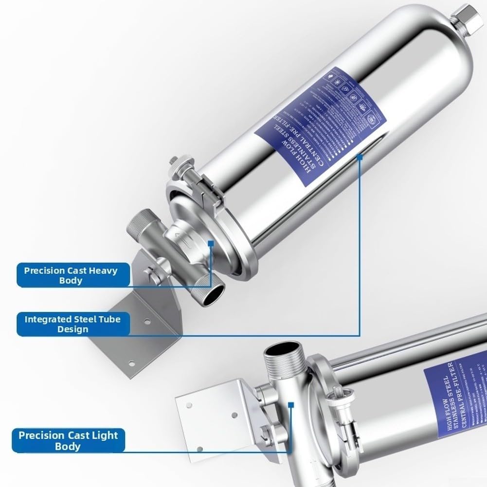 Filtro depuratore d'acqua ad alto flusso, capacità 4000 l, in acciaio inox, pre-filtro per sedimenti per impianti idraulici domestici, 29,5 x 85 cm, argento (seta esterna a 4 punti)
