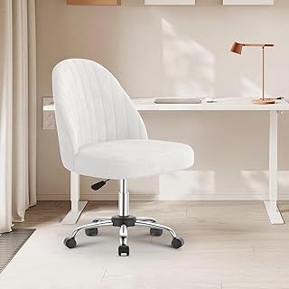 naspaluro Small Swivel Makeup Vanity Chair, Velvet Dressing Table Chairs, White Comfy Desk Chairs for Bedroom/Home Office, Armless Cross Legged Office Chairs with Wheels, Spinning Salon Study Stool