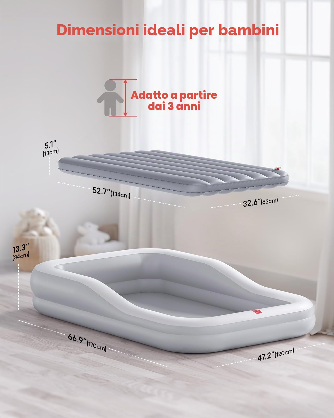 QPAU Letto gonfiabile da viaggio per bambini con tenda, materasso ad aria portatile per bambini con lati di sicurezza, ideale per casa, nonna, campeggio, viaggi (grigio)