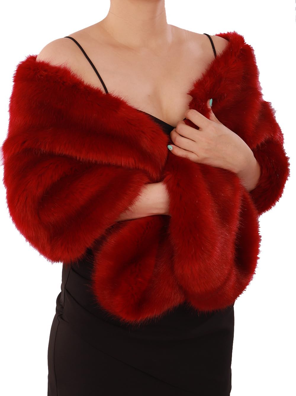 Octwine Fashion Bride Faux Fur Shawl Wrap Warm Comfortable Stole Shrug Winter Bridal Wedding Cover Up Long Shawl Cloak Cape Coat for Women (Red)