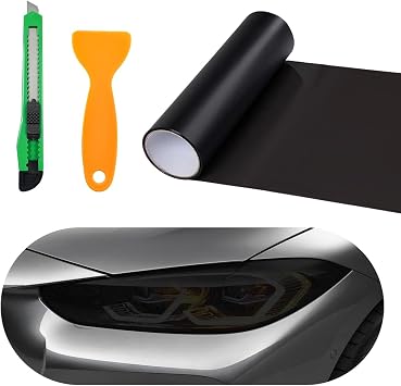 Car Headlight Vinyl Film Sticker Sheet Roll, 12"48" Self-Adhesive Sticker for Tail Lights Fog Lights, Air-Release Wrap Film Roll with Squeegee & Cutter, Car Accessories Matte Black