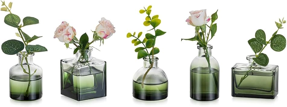 Glasseam Small Vases for Flowers, Green Mini Glass Bud Vases Set of 5