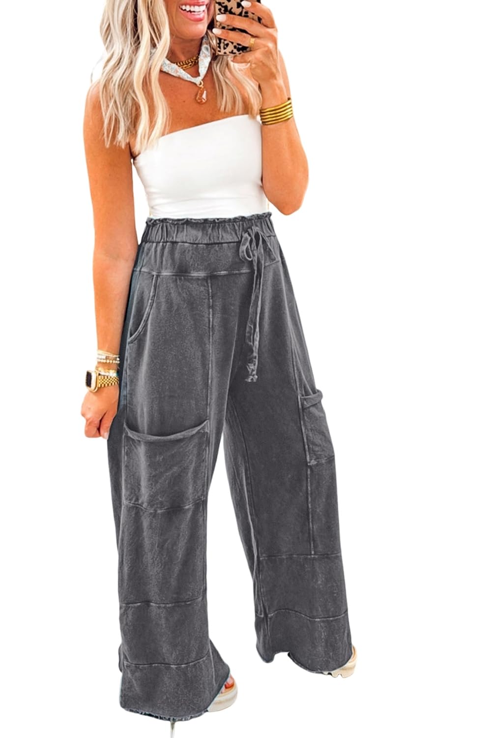 Womens Pants Lapis Mineral Wash Lace-up High Waist Raw Hem Patched Pocket Pants