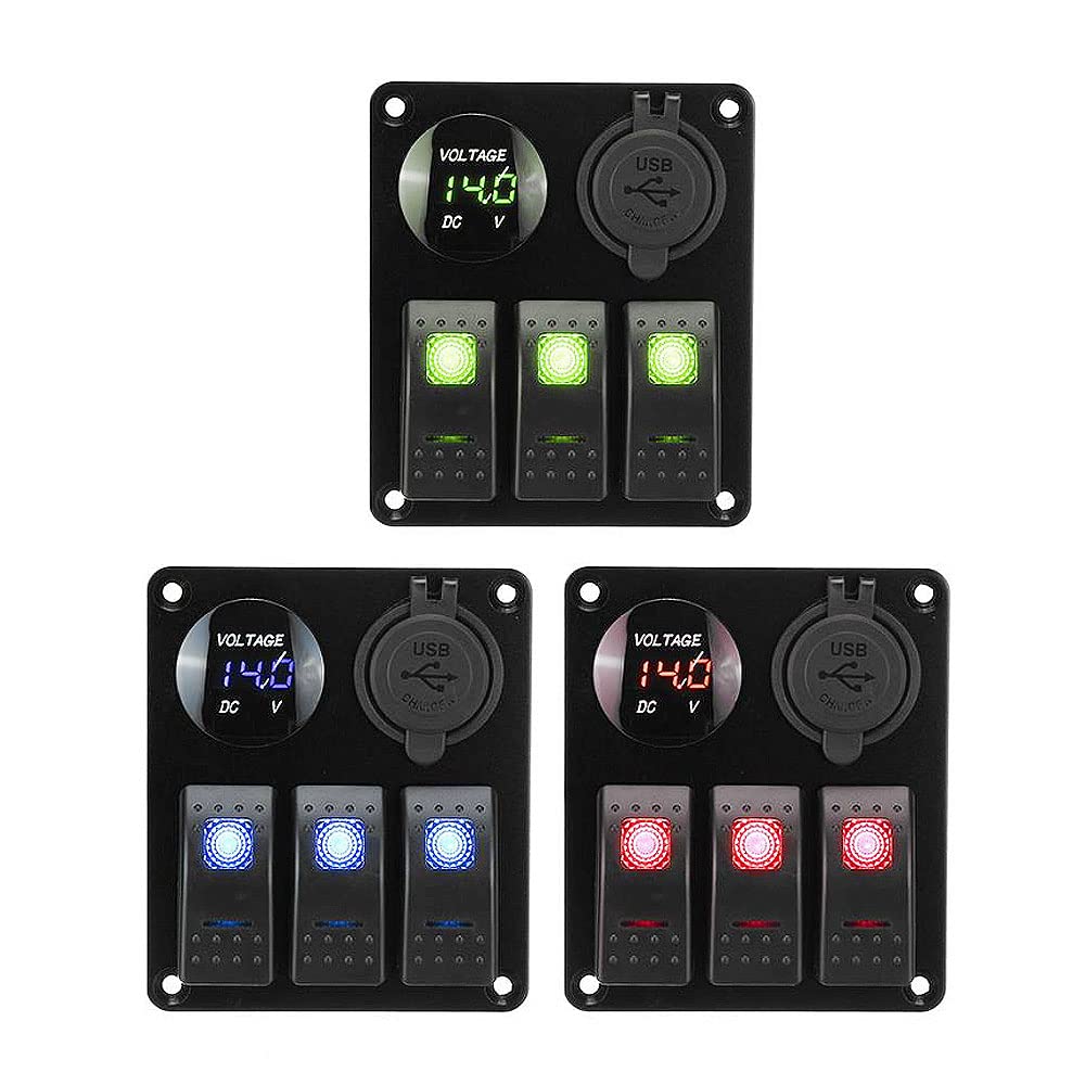 3 Gang Aluminum Panel Toggle Dash 12-24V Rocker Switch Panel, Universal Fit for Automotive Car Marine Boat, w/Dual USB Charging Port Voltmeter