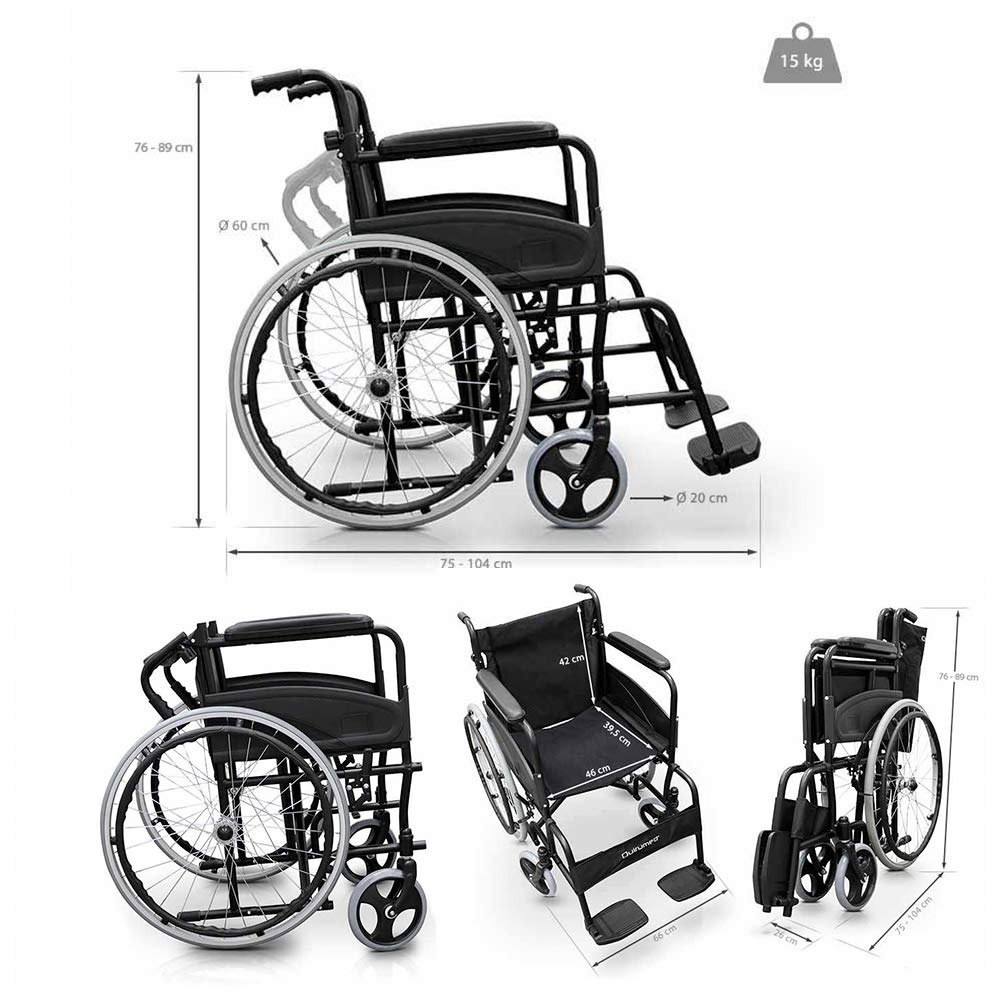 QUIRUMED Silla de ruedas de acero, modelo EASY COMPACT, Plegable, Asiento 46 cm, Ligera, Bolsillo portadocumentos, Para mayores, Para minusválidos, Hasta 110 kg