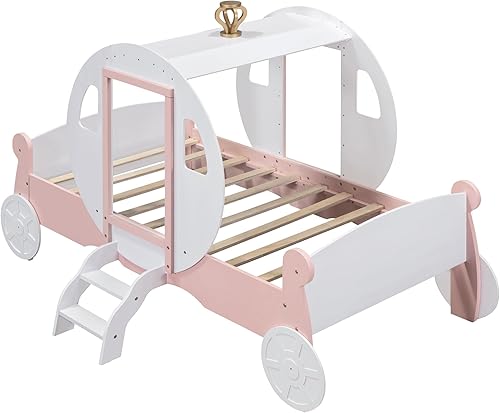 Miniatura 7 de Cama de tamaño individual en forma de automóvil con techo, marco de cama de piso de madera con diseño de ruedas y puertas, divertido diseño de juego