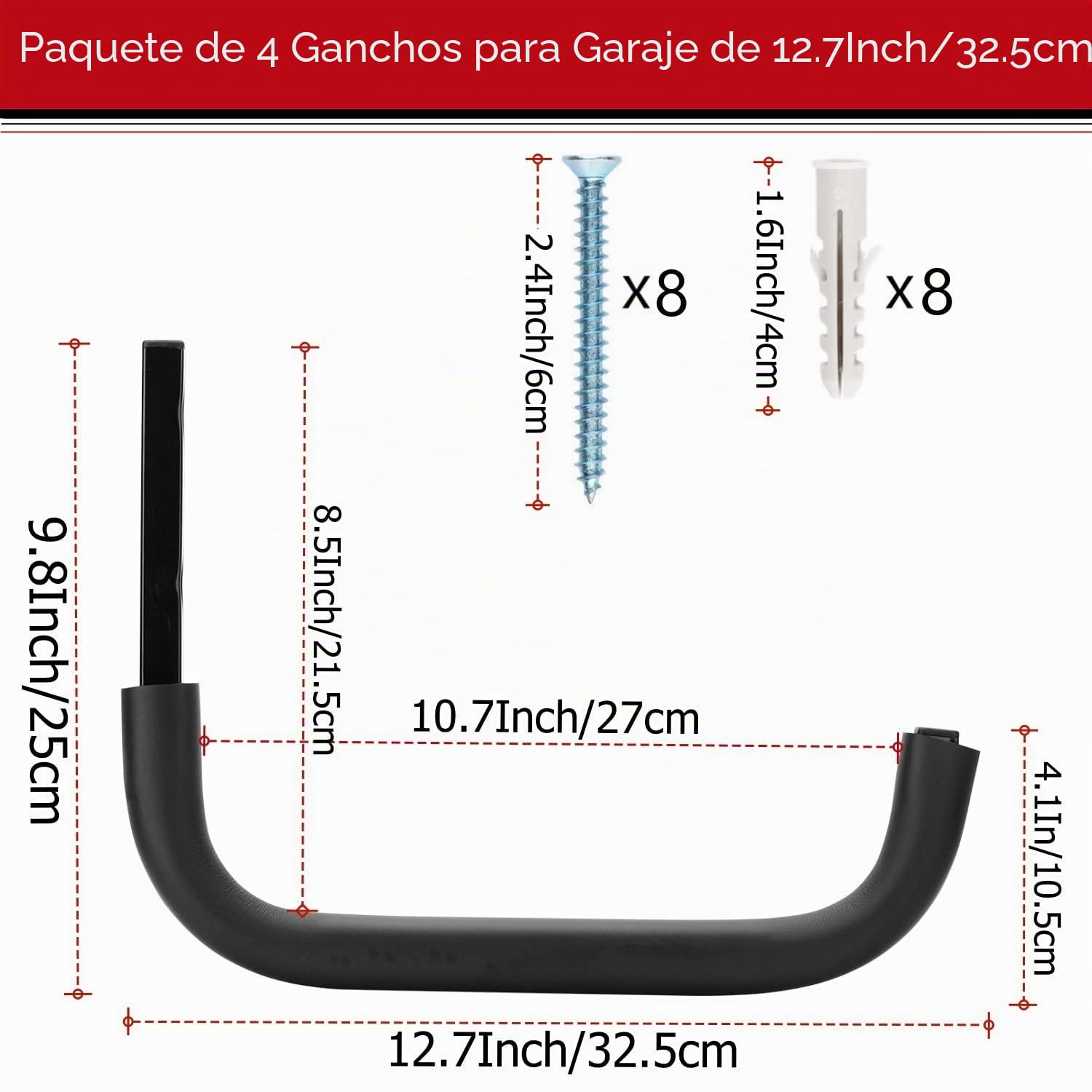 Ganchos de almacenamiento de garaje grandes, 30 cm, organizador de almacenamiento de garaje resistente, percha colgante, cada carga máxima de 45 kg