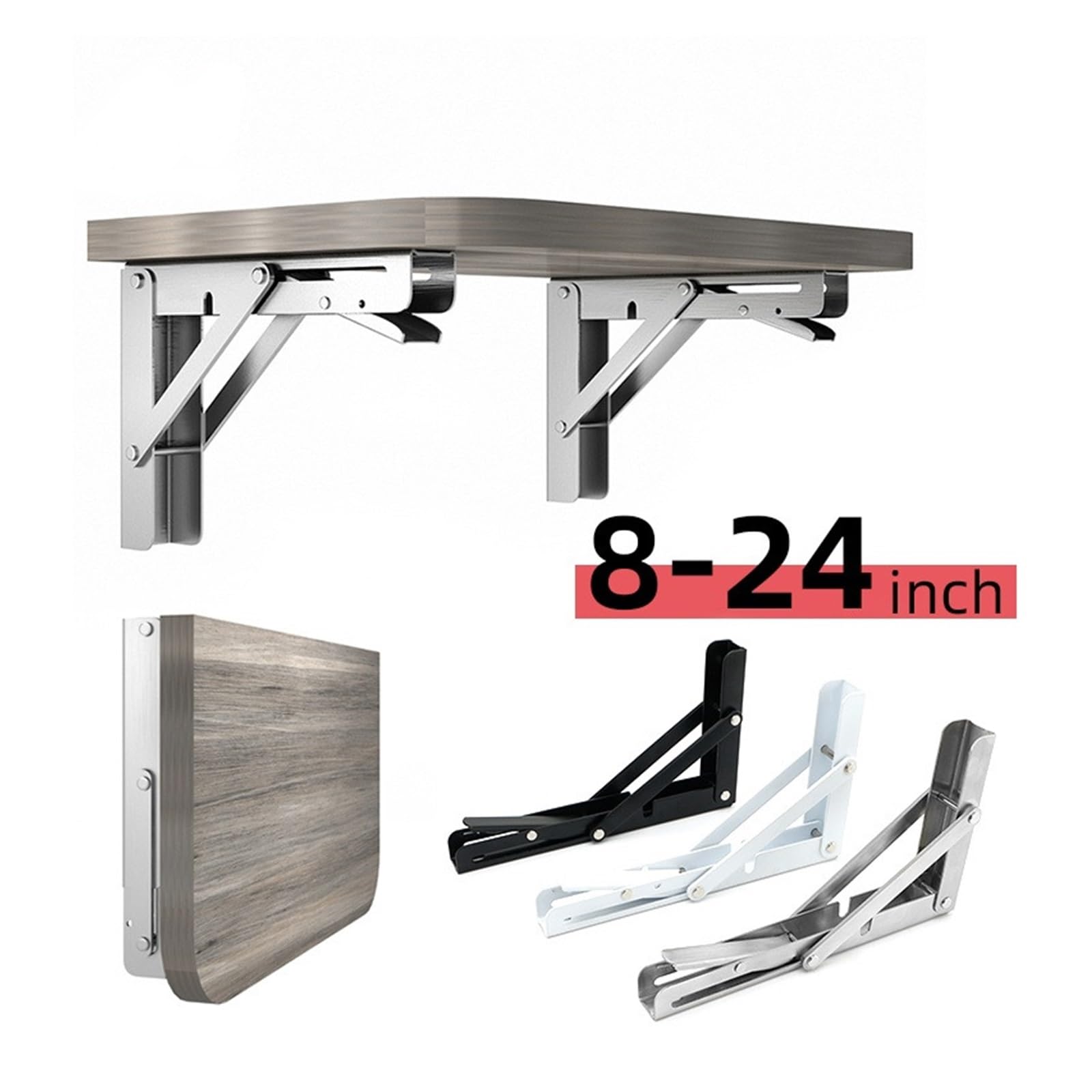 soporte plegable para estantería, 2 soportes de acero inoxidable 8 a 24 pulgadas(Iron Black 12in)