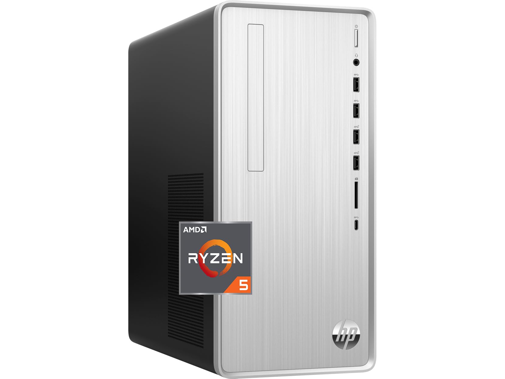 HP Pavilion Desktop, AMD Ryzen 5 5600G, 8GB RAM, 1TB HDD, 256GB SSD, Windows 11 Pro, HDMI, Wi-Fi 5, Bluetooth, USB Ports, Natural Silver, PCM