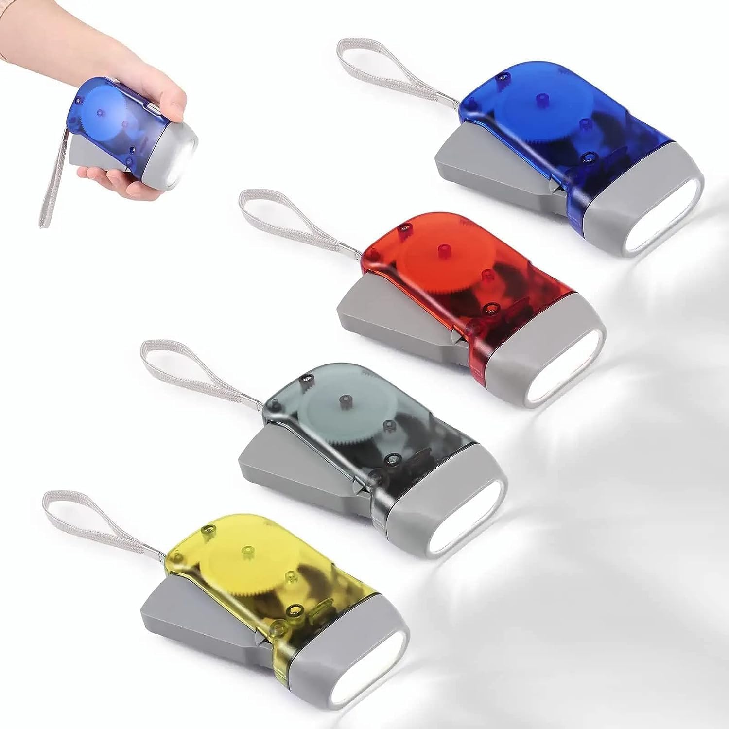 GNAFOTU 4 Pack Transparent Hand Crank Flashlight,No Battery Flashlight with LED Self Powered Charging Torch Dynamo for Home, Camping, Hiking, Outdoor Sports (Yellow, Blue, Red, Grey)