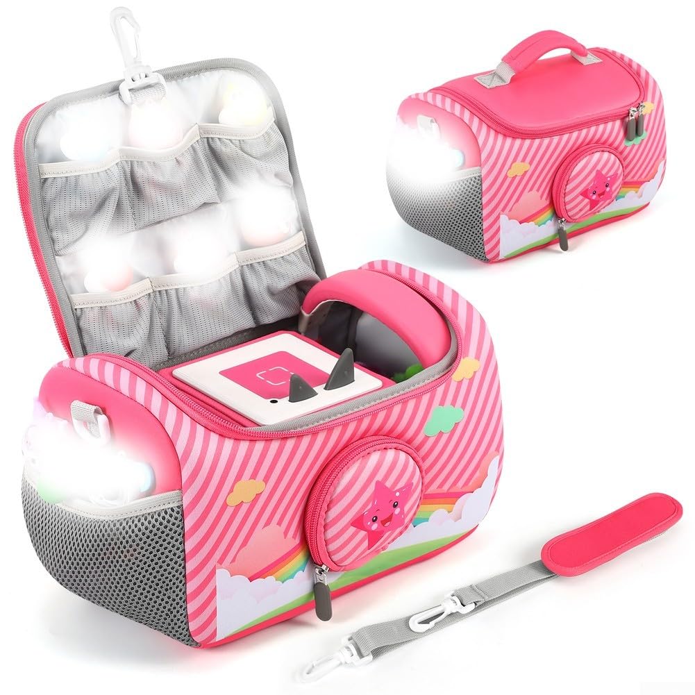 Housse de transport pour lecteur audio Toniebox Kit de démarrage et écouteurs Sac de rangement de voyage en nylon avec poignée et bandoulière Compatible avec figurines et A (Rose)