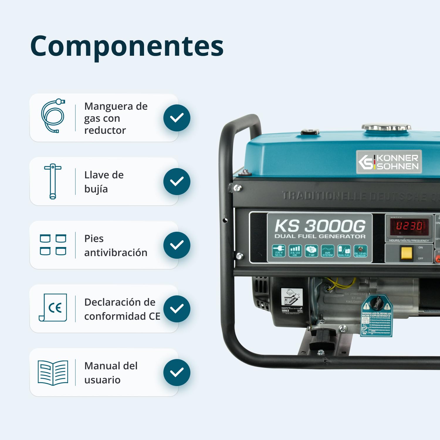 Generador de doble combustible (gasolina y gas) KS 3000G, generador electrico gasolina 3000 W, 2x16A (230 V), 12V, generador 4 tiempos con (AVR), indicador de aceite, protección ante sobrecargas
