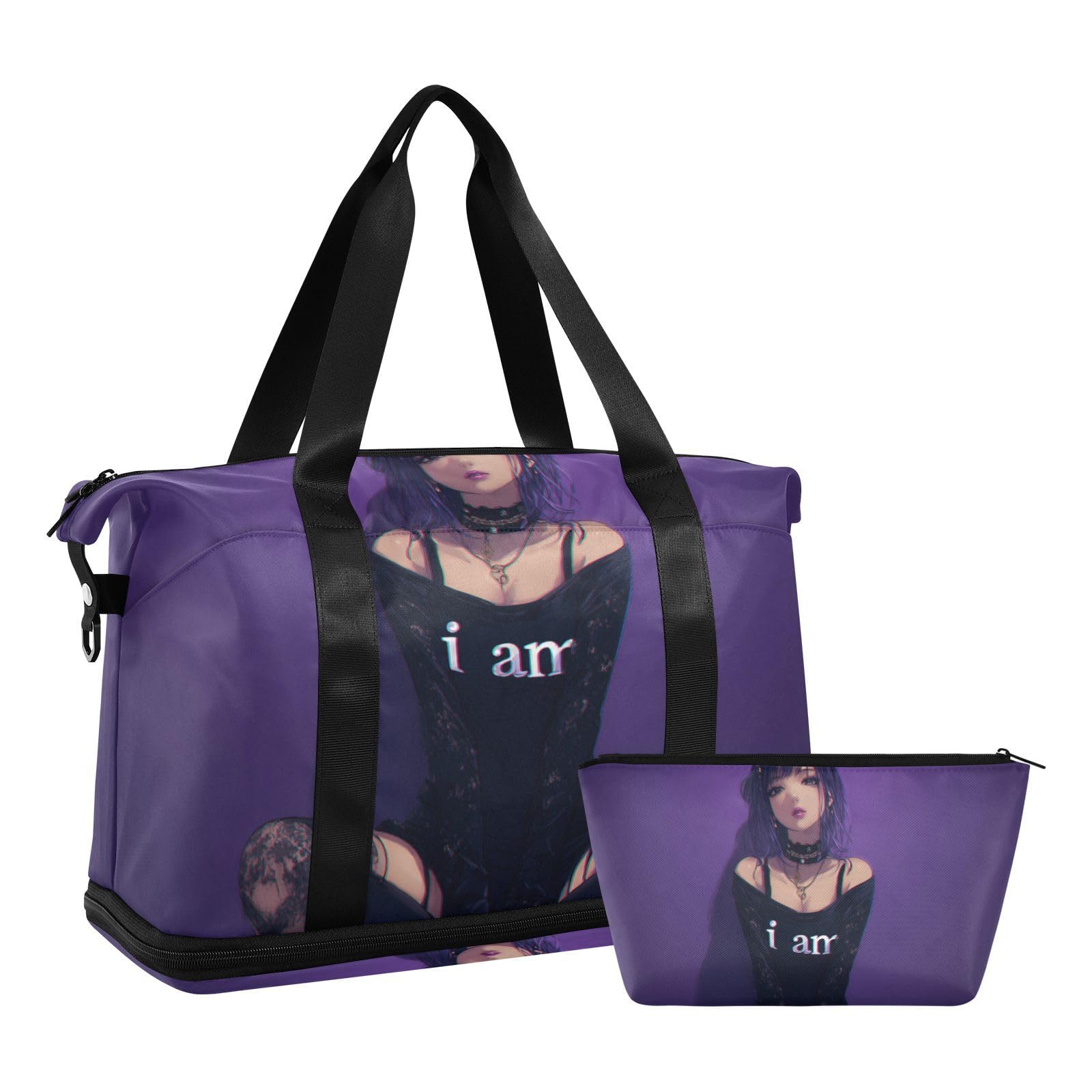 Cool Purple Punk Anime Girl Carry On Tote Bag with Wet Pocket Adjustable Strap Gym Tote Bag for Workout Wielofunkcyjna dla mężczyzn kobiet