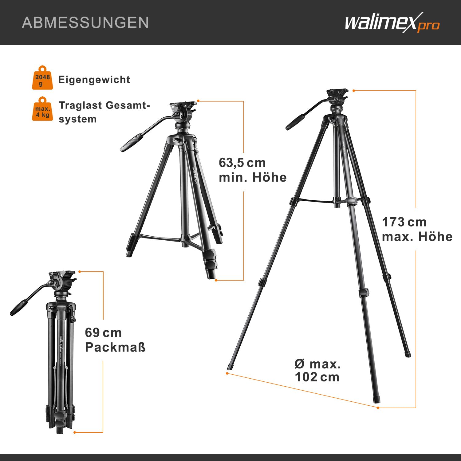 Statyw wideo Walimex pro z uchwytem na smartfon i torbą I Zaawansowany, 173 cm, lekki i stabilny I 2-kierunkowa głowica obrotowa z funkcją panoramy 360° i blokadą obrotu I do lustrzanek cyfrowych