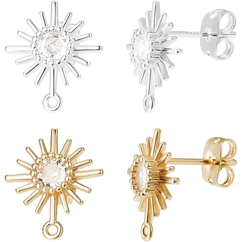 Beebeecraft 12Pcs 2 Colors Cubic Zirconia Stud Earring Findings 18K Gold & 925 Sterling Silver Plated Celestial Sun Earrings Posts with Loop and 12Pcs