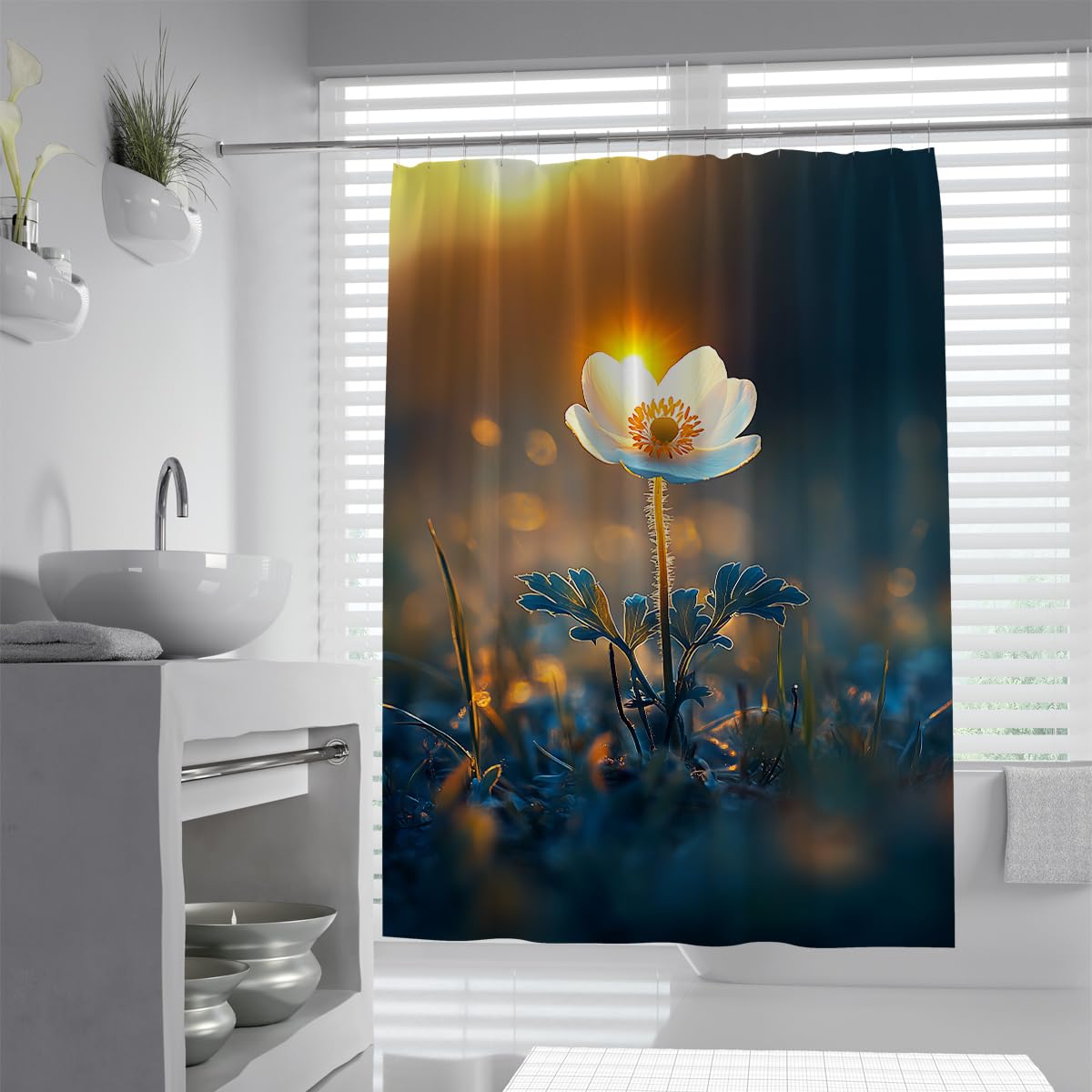 UIRINGART Wood Anemone White Flower Shower Curtain W200xL220cm Dreamy Field Wildflowers Fabric Polyester Waterproof Mildew Resistant Bath Decoration With Hooks