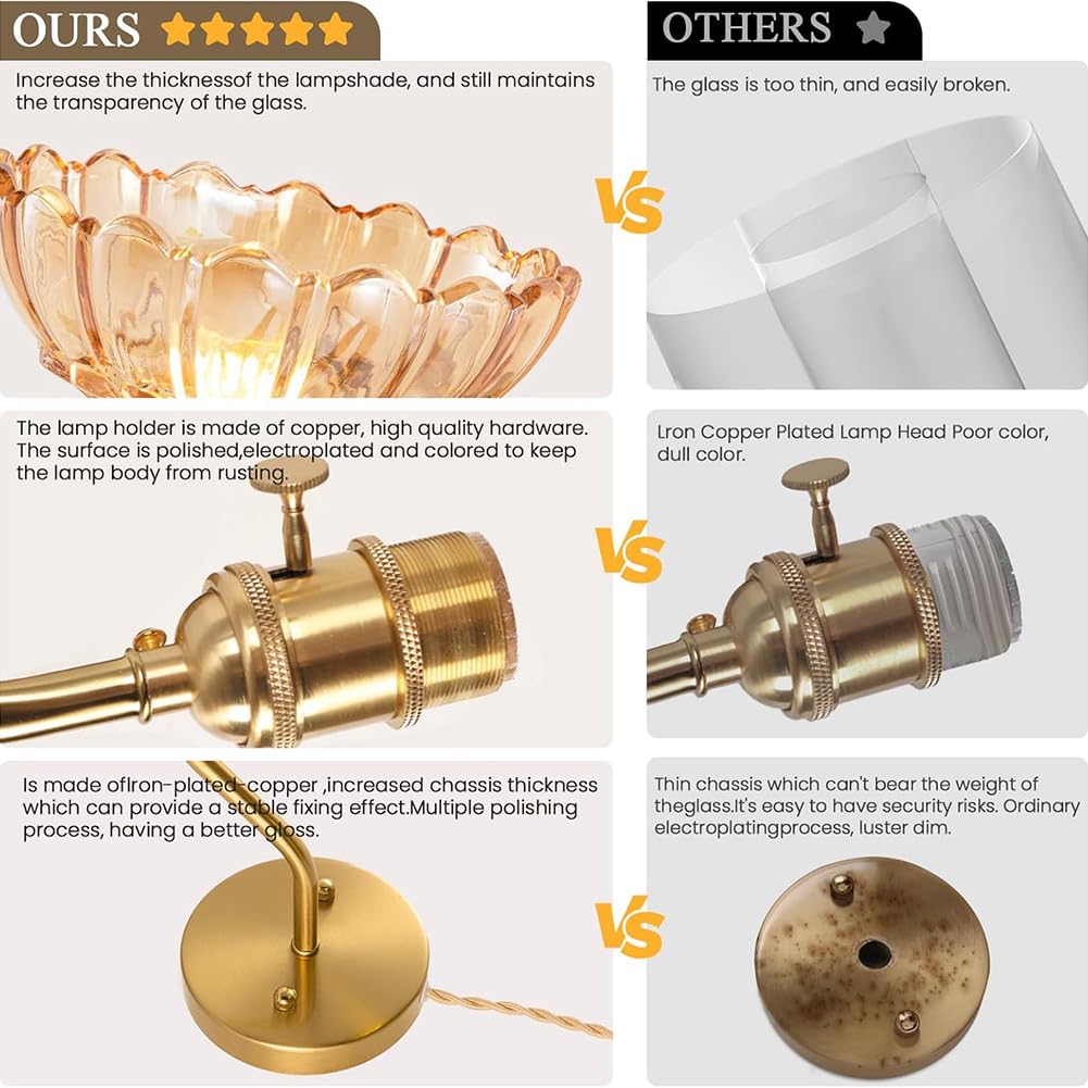 Vintage Wandleuchte mit Schalter und Stecker, Gold Glas Lampenschirm Wandlampe Retro Messing Nachttischlampe mit Kabel und Schalter Blume Wandlicht Innen Industrial Kristallleuchte E27