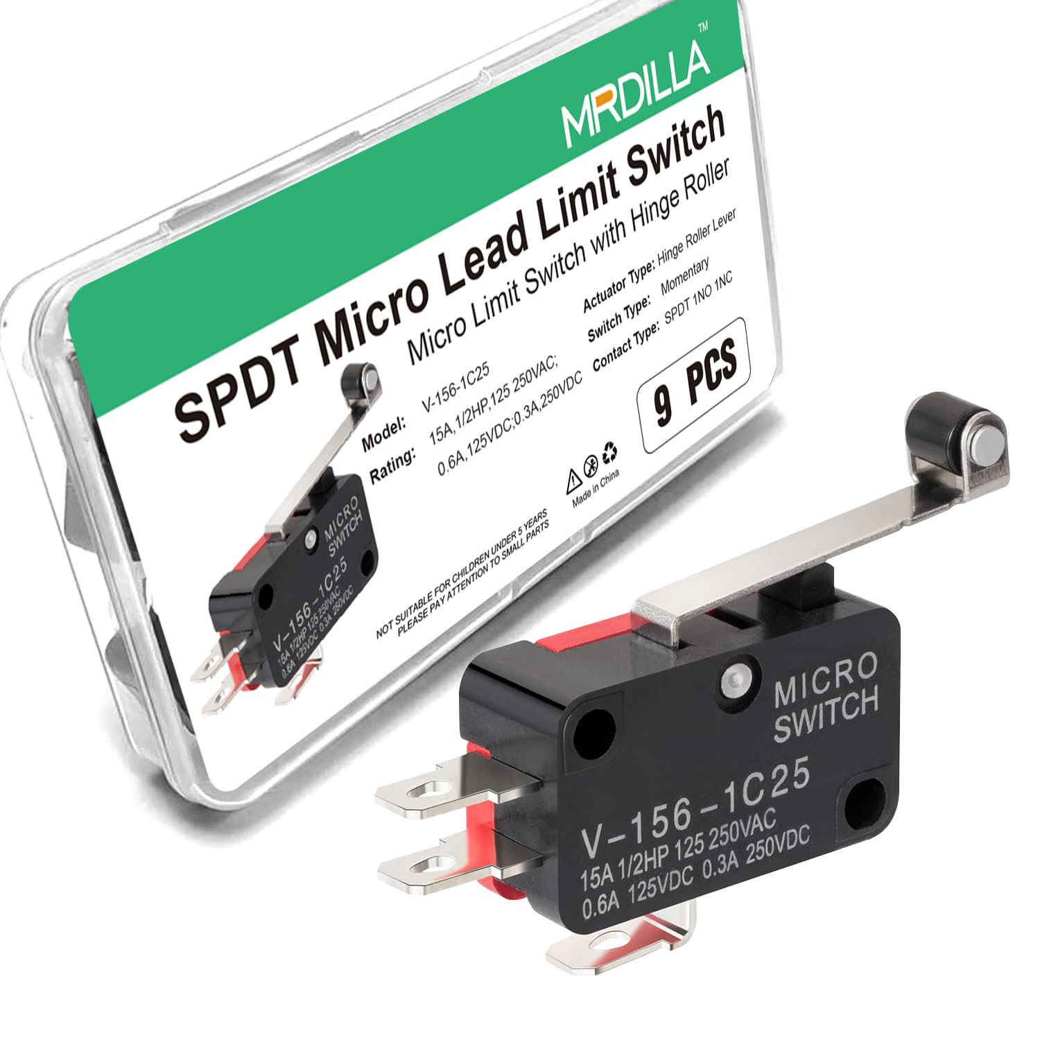 9PCS SPDT Momentary Limit Switch with Roller Lever Arm, 15A 125/250VAC, 3 Pin 1NO 1NC, V-156-1C25 for Industrial Automation, Mechanical Equipment