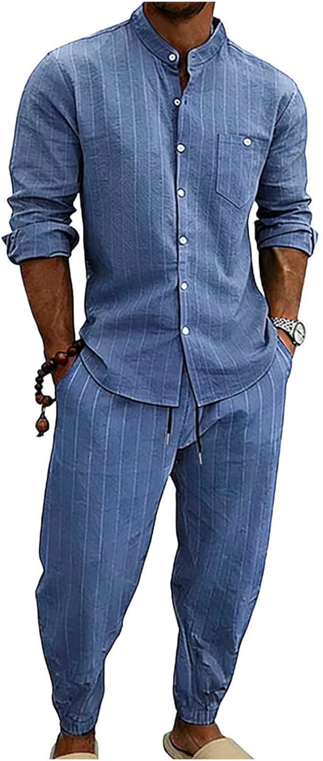 Cambkatl 2 Piece Outfits for Men Long Sleeve Stand Collar Dress Shirts Striped Business Casual Matching Sets with Pockets