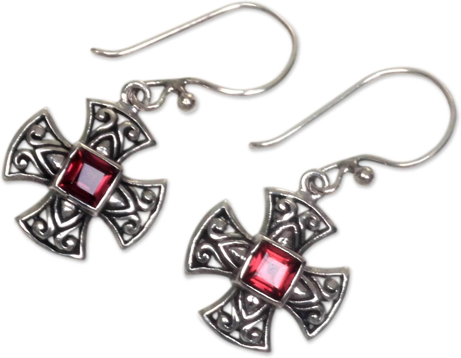 NOVICA Artisan Handcrafted Garnet Dangle Earrings Balinese Silver Cross with Sterling Red Indonesia Birthstone [1.3 in L x 0.6 in W x 0.2 in D] ' Cross Pattee'