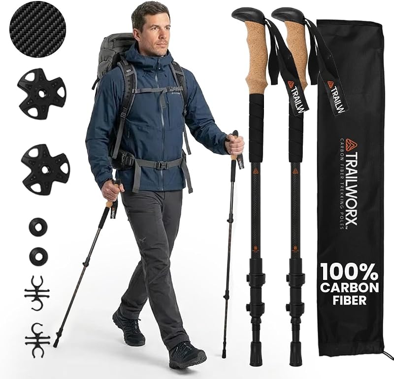 3K Carbon Fiber Hiking & Trekking Poles, Collapsible Lightweight | Contoured Cork Grips, Tungsten Carbide Tips, Set of 2, 7.7 oz Each, 24.5-54in Adjustable, Snow & Mud Baskets