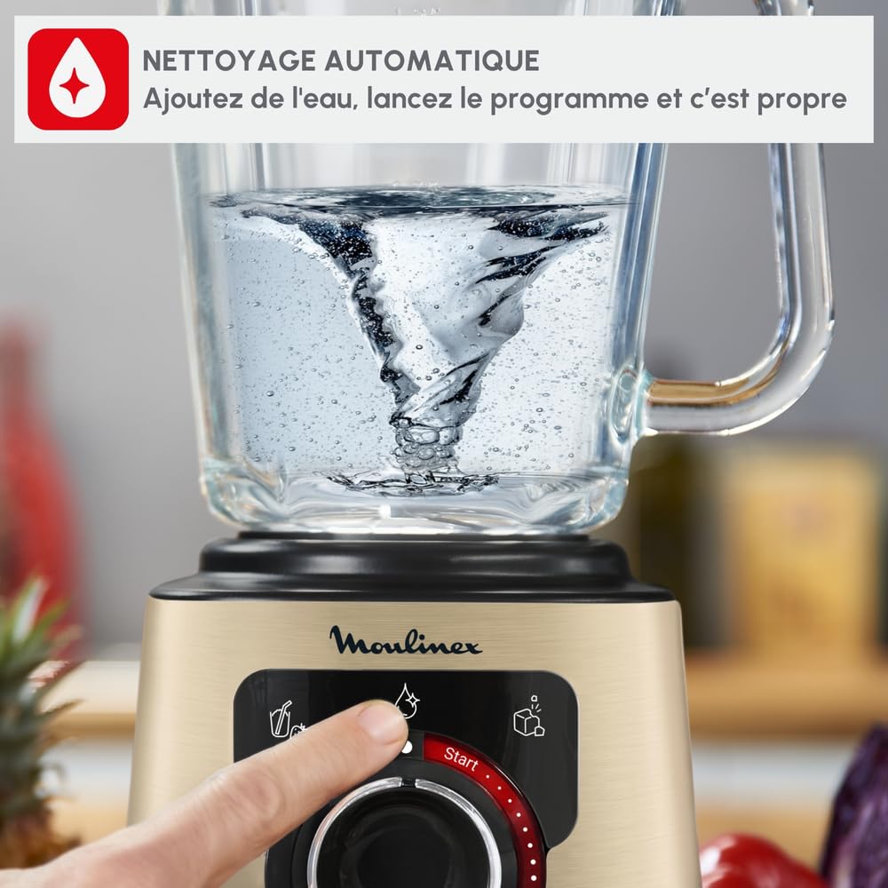 Moulinex Blender électrique, 1200 W, Bol verre capacité utile 1,5 L, Mixeur Smoothie, Technologie de lames Powelix, Haute qualité, Nettoyage facile, PerfectMix Noir/Or LM871A10