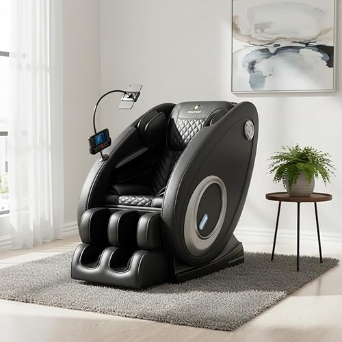 GDFStudio Zero Gravity Massage Chair Recliner, Full Body Air Pressure System with Heat, Foot Roller Therapy, Bluetooth Audio, Automatic Programs, Easy Move Relaxation Seating for Home Office, Black