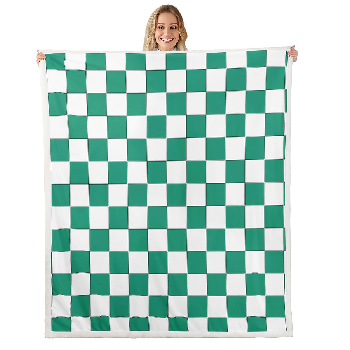 Erosebridal Green Checkered Sherpa Blanket Twin 60"X80" White Emerald Green Checkerboard Fleece Bed Blanket,Buffalo Plaid Grid Throw Blanket for Kids Adults Aesthetic Geometric Gingham Fuzzy Blanket