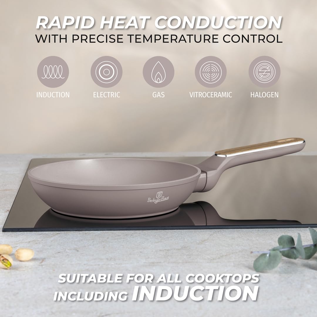 Berlinger Haus Juego de Sartenes Antiadherentes 3 Piezas, Fabricadas en Aluminio Forjado para Cocinas de Inducción, con Mango Ergonómico, Libres de PFOA, Colección Nórdica Taupe